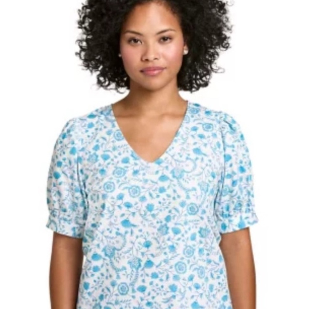 NEW Draper James Ladies XS Blue & White Floral Puff Sleeve Boho Blouse Shirt
